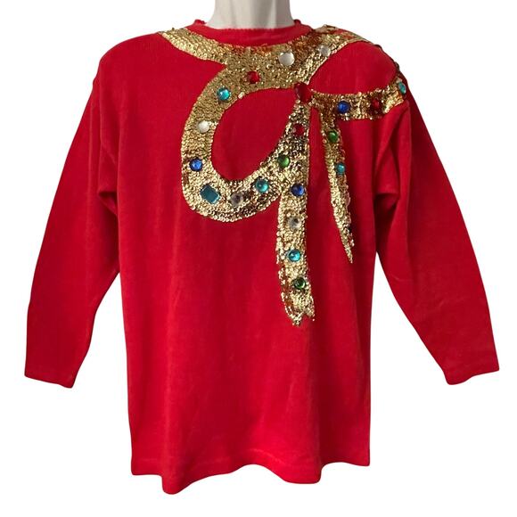 VINTAGE 80s Faralee Sequin and Jeweled Bow Sweater Tunic Size Medium - Picture 1 of 5